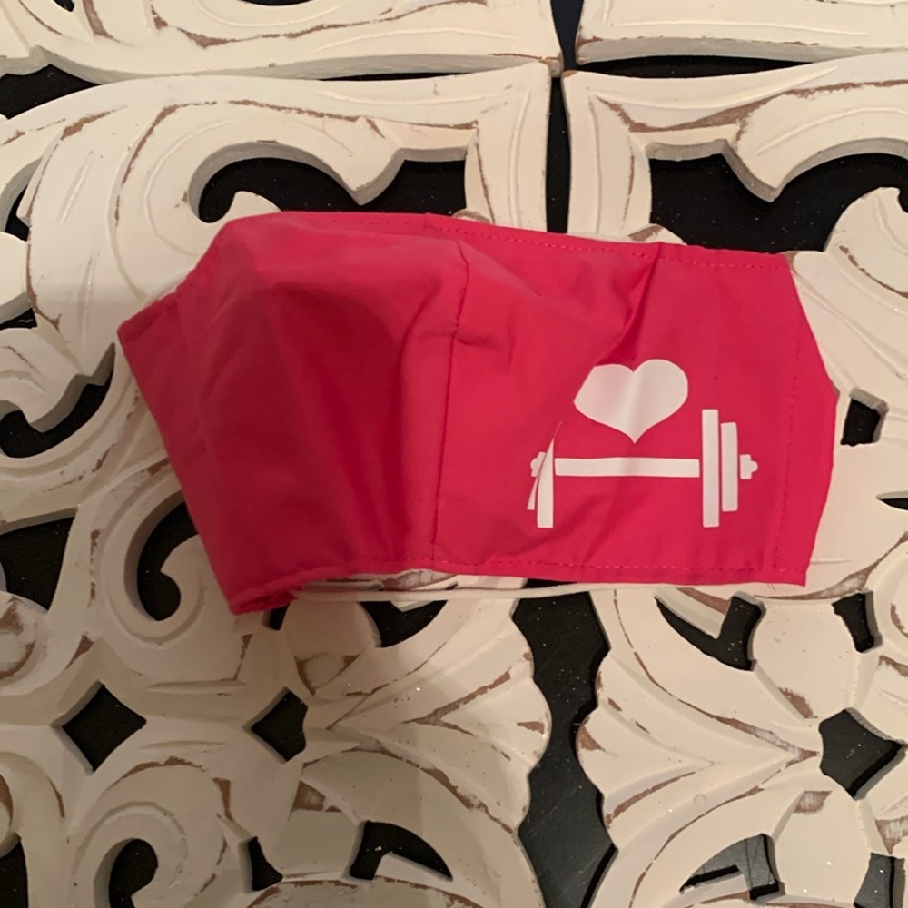 Cute Pink and White Handmade Face Mask with heart and barbell decal NWOT
